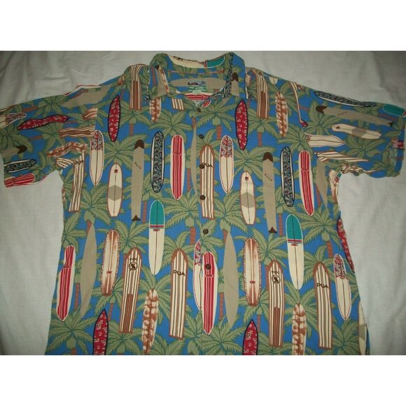 Reyn Spooner Mens Green Hawaiian Shirt Palms Surfboards Blue Size XL - Picture 2 of 7
